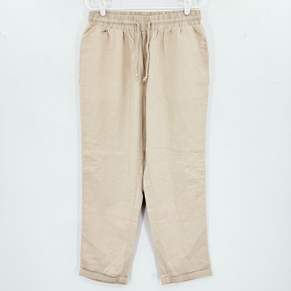 Simply Blessed Women's Khaki Linen Blend Drawstring Waist Cropped Pants XL